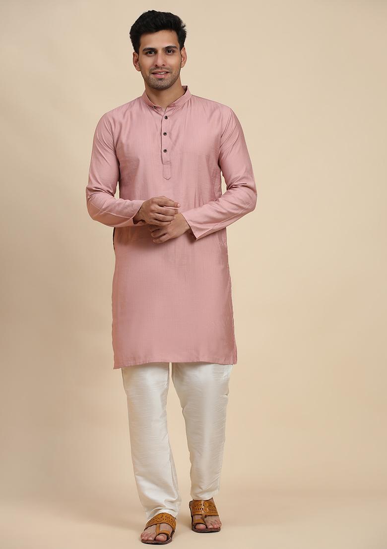 Pink Solid Viscose Rayon Kurta Pyjama Set For Men