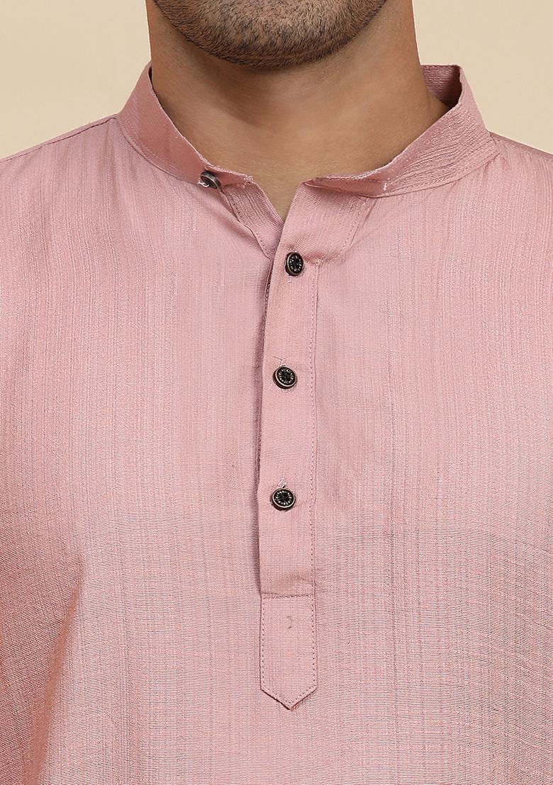 Pink Solid Viscose Rayon Kurta Pyjama Set For Men