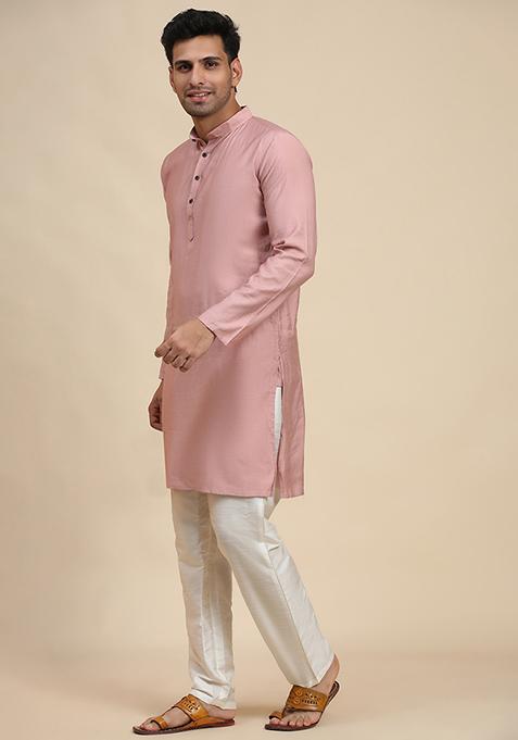 Pink Solid Viscose Rayon Kurta Pyjama Set For Men