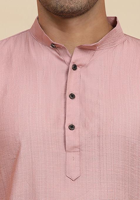Pink Solid Viscose Rayon Kurta Pyjama Set For Men