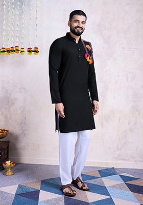 Black Mirror Embroidered Rayon Kurta For Men