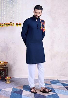 Navy Blue Mirror Embroidered Rayon Kurta For Men