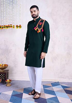 Green Mirror Embroidered Rayon Kurta For Men