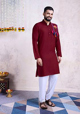 Maroon Mirror Embroidered Rayon Kurta For Men