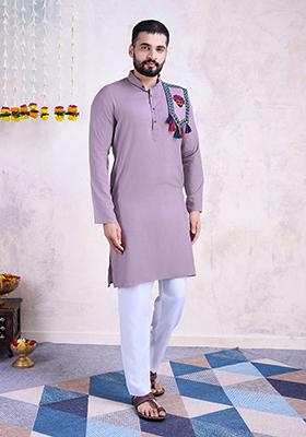 Dusty Purple Mirror Embroidered Rayon Kurta For Men