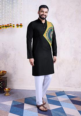 Black Mirror Embroidered Rayon Kurta For Men