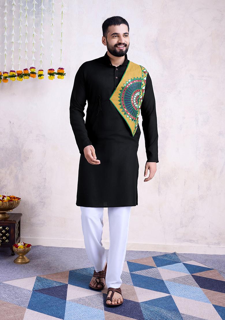 Black Mirror Embroidered Rayon Kurta For Men