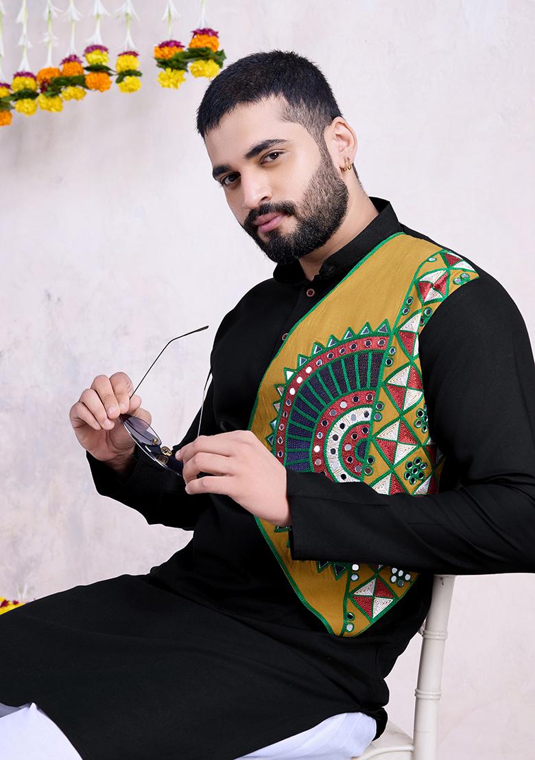 Black Mirror Embroidered Rayon Kurta For Men