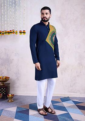 Navy Blue Mirror Embroidered Rayon Kurta For Men
