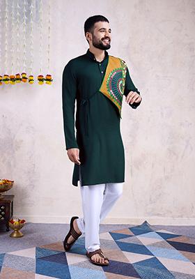 Green Mirror Embroidered Rayon Kurta For Men