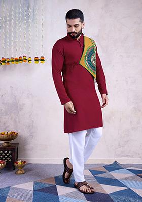 Maroon Mirror Embroidered Rayon Kurta For Men