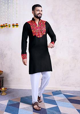 Black Mirror Embroidered Rayon Kurta For Men