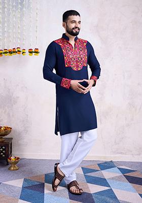 Navy Blue Mirror Embroidered Rayon Kurta For Men