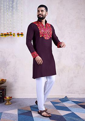 Purple Mirror Embroidered Rayon Kurta For Men