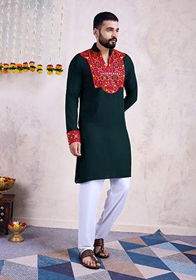 Green Mirror Embroidered Rayon Kurta For Men