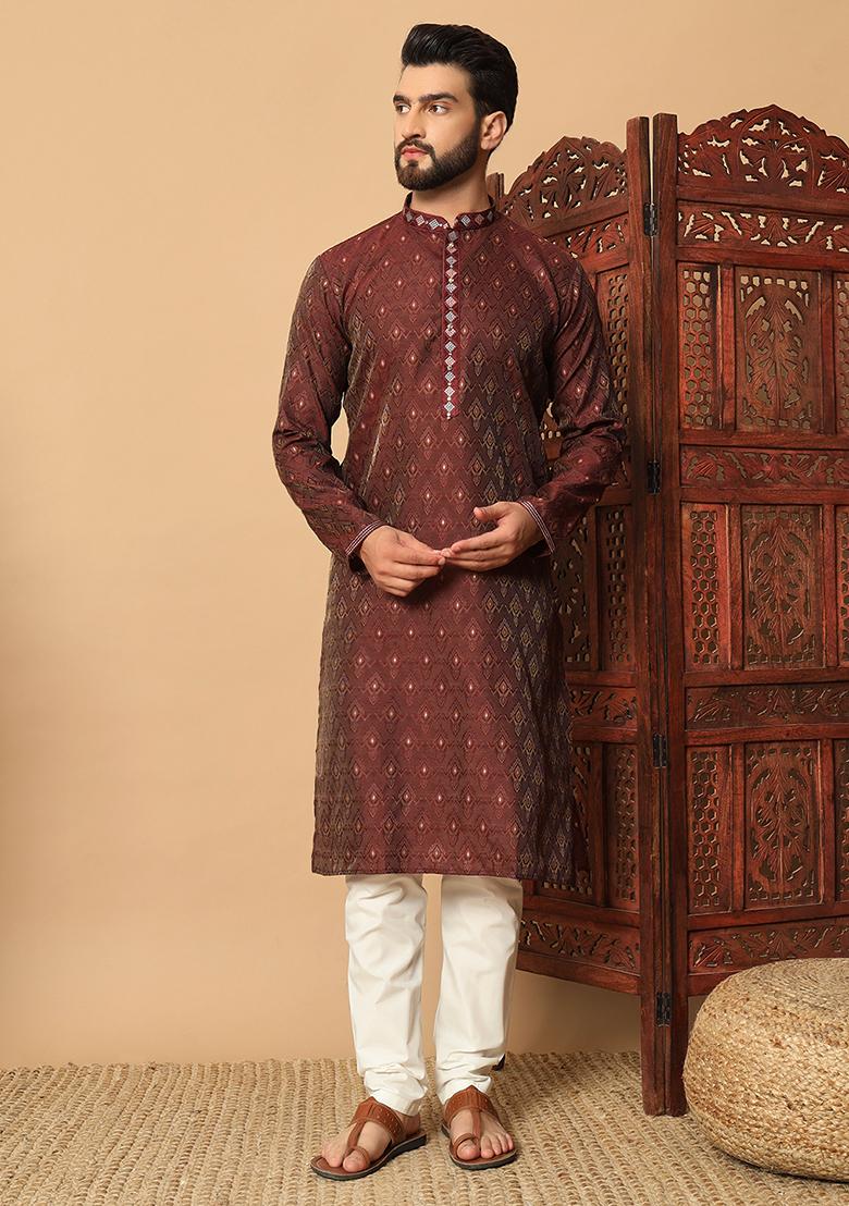 Maroon Mirror Embroidered Jacquard Kurta Pyjama Set For Men