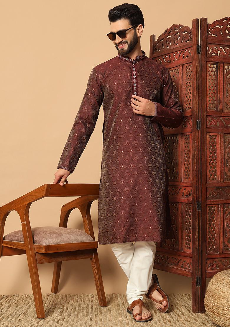 Maroon Mirror Embroidered Jacquard Kurta Pyjama Set For Men