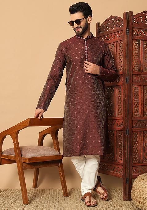 Maroon Mirror Embroidered Jacquard Kurta Pyjama Set For Men