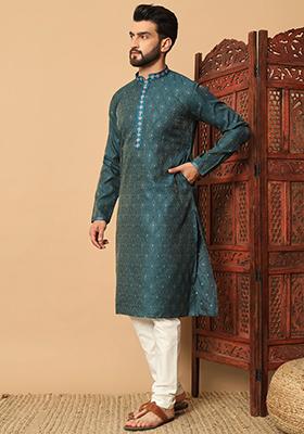 Green Mirror Embroidered Jacquard Kurta Pyjama Set For Men