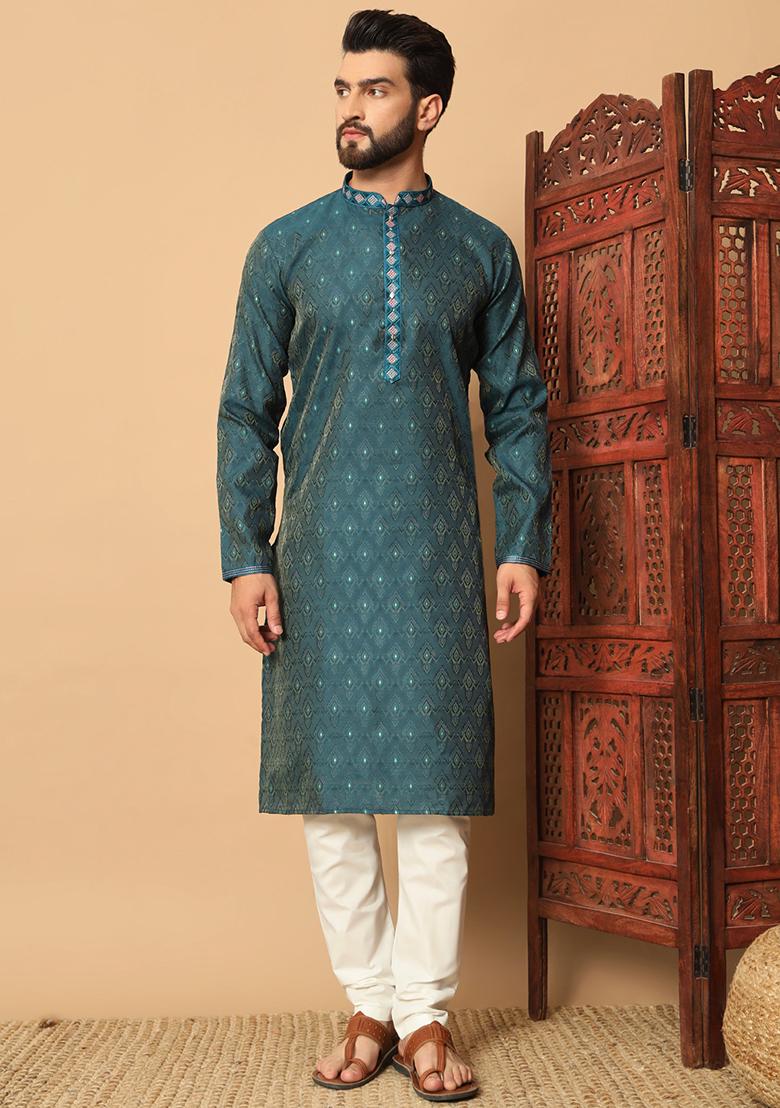 Green Mirror Embroidered Jacquard Kurta Pyjama Set For Men