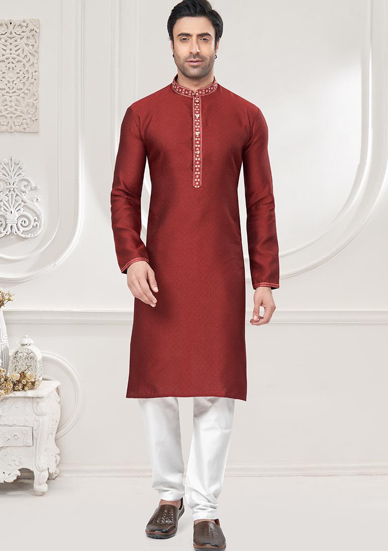 Red Mirror Embroidered Jacquard Kurta Pyjama Set For Men