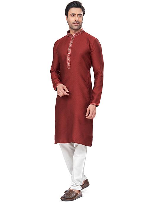 Red Mirror Embroidered Jacquard Kurta Pyjama Set For Men