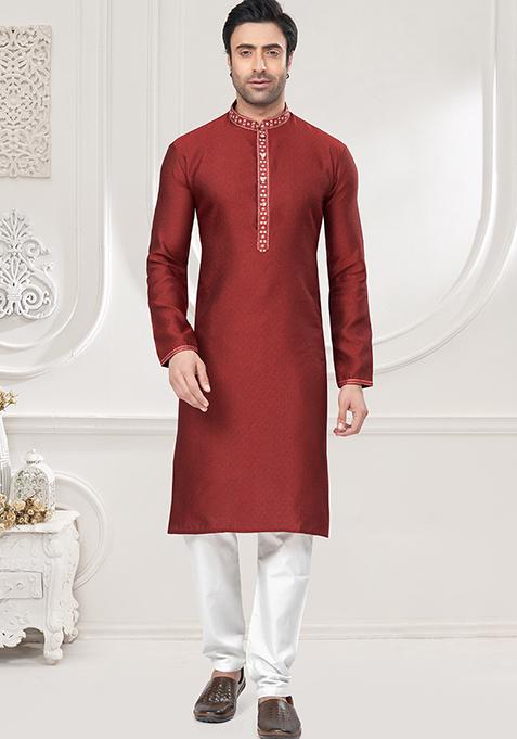 Red Mirror Embroidered Jacquard Kurta Pyjama Set For Men