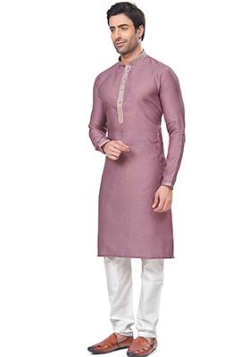 Purple Mirror Embroidered Jacquard Kurta Pyjama Set For Men