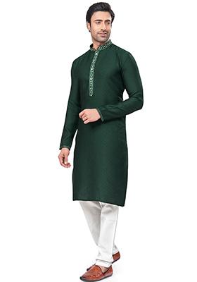 Green Mirror Embroidered Jacquard Kurta Pyjama Set For Men