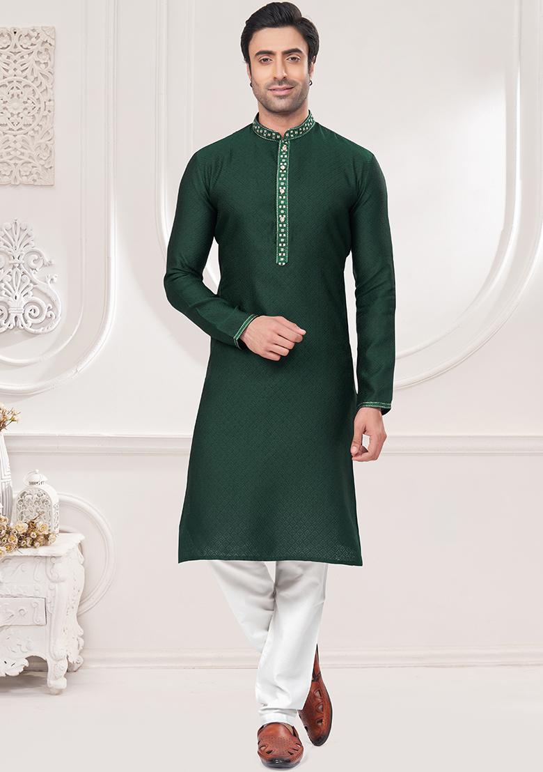 Green Mirror Embroidered Jacquard Kurta Pyjama Set For Men