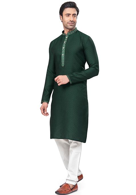 Green Mirror Embroidered Jacquard Kurta Pyjama Set For Men