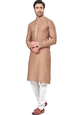 Beige Mirror Embroidered Jacquard Kurta Pyjama Set For Men