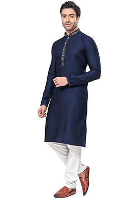 Blue Mirror Embroidered Jacquard Kurta Pyjama Set For Men
