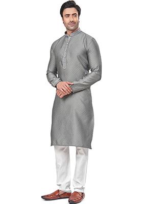 Grey Mirror Embroidered Jacquard Kurta Pyjama Set For Men
