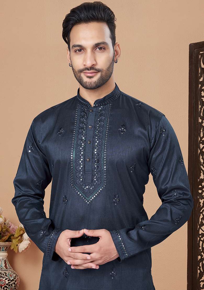 Navy Blue Embroidered Silk Kurta Pyjama Set For Men - Indya