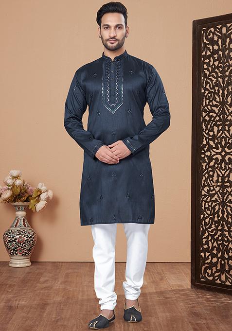 Navy Blue Embroidered Silk Kurta Pyjama Set For Men — view on Indya