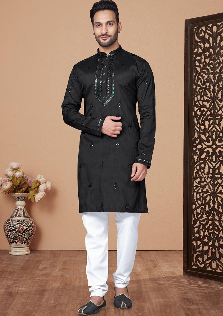 Black Embroidered Silk Kurta Pyjama Set For Men
