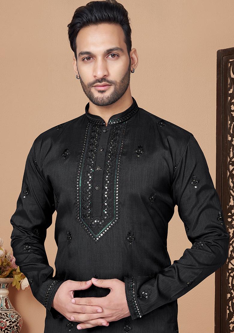 Black Embroidered Silk Kurta Pyjama Set For Men