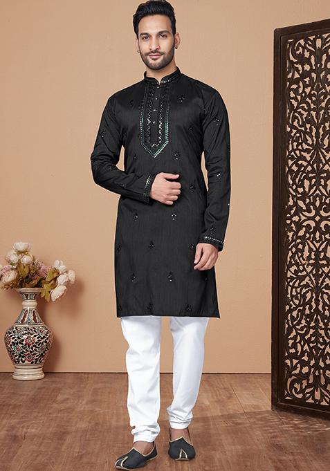 Black Embroidered Silk Kurta Pyjama Set For Men