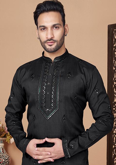 Black Embroidered Silk Kurta Pyjama Set For Men