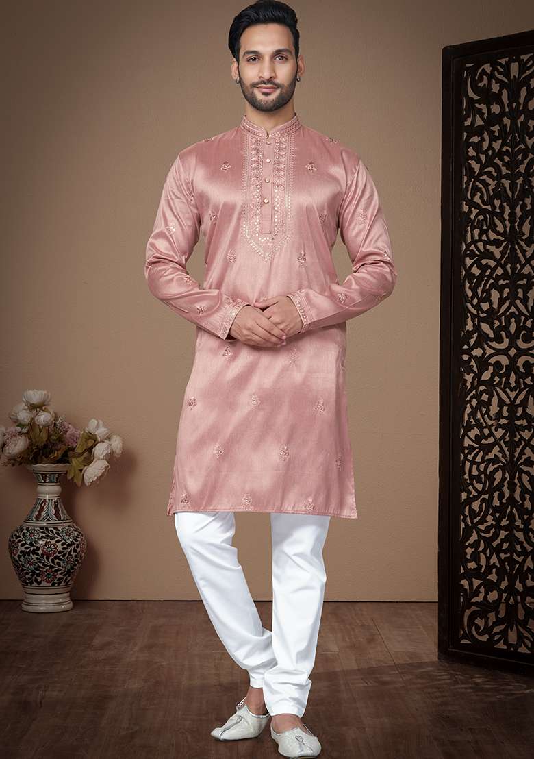 Pink Embroidered Silk Kurta Pyjama Set For Men - Indya