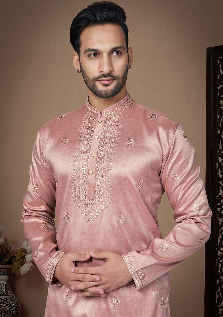 Pink Embroidered Silk Kurta Pyjama Set For Men - Indya