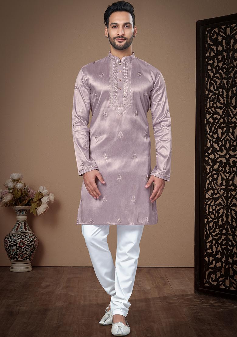 Purple Embroidered Silk Kurta Pyjama Set For Men