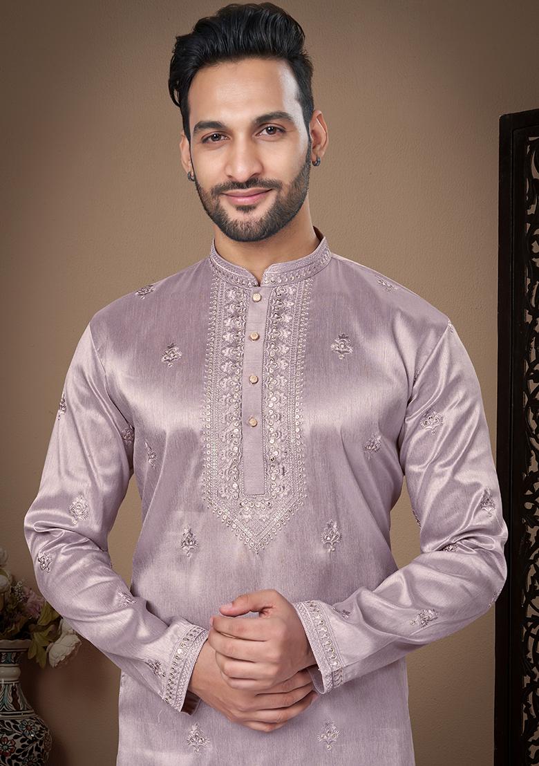 Purple Embroidered Silk Kurta Pyjama Set For Men