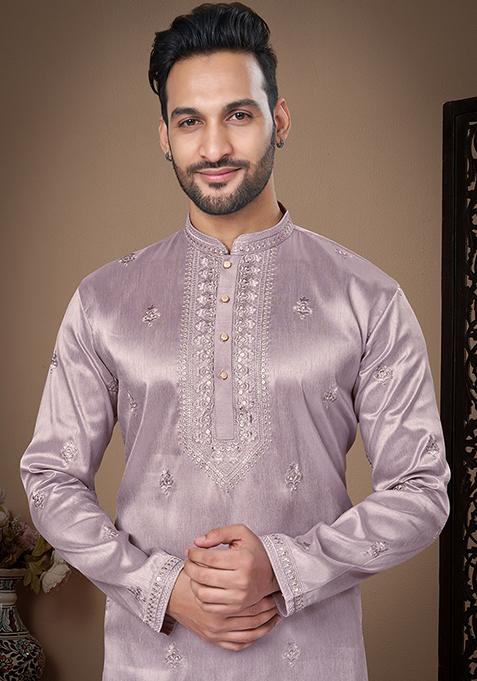 Purple Embroidered Silk Kurta Pyjama Set For Men