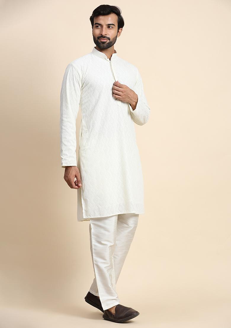 Off White Chikankari Embroidered Georgette Kurta Pyjama Set For Men