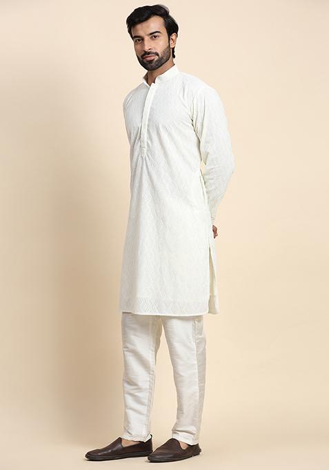 Off White Chikankari Embroidered Georgette Kurta Pyjama Set For Men