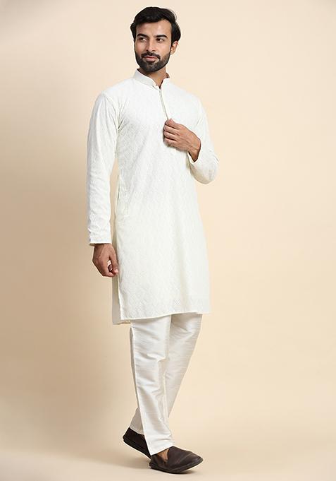 Off White Chikankari Embroidered Georgette Kurta Pyjama Set For Men