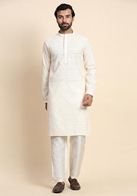 Cream Chikankari Embroidered Cotton Kurta Pyjama Set For Men