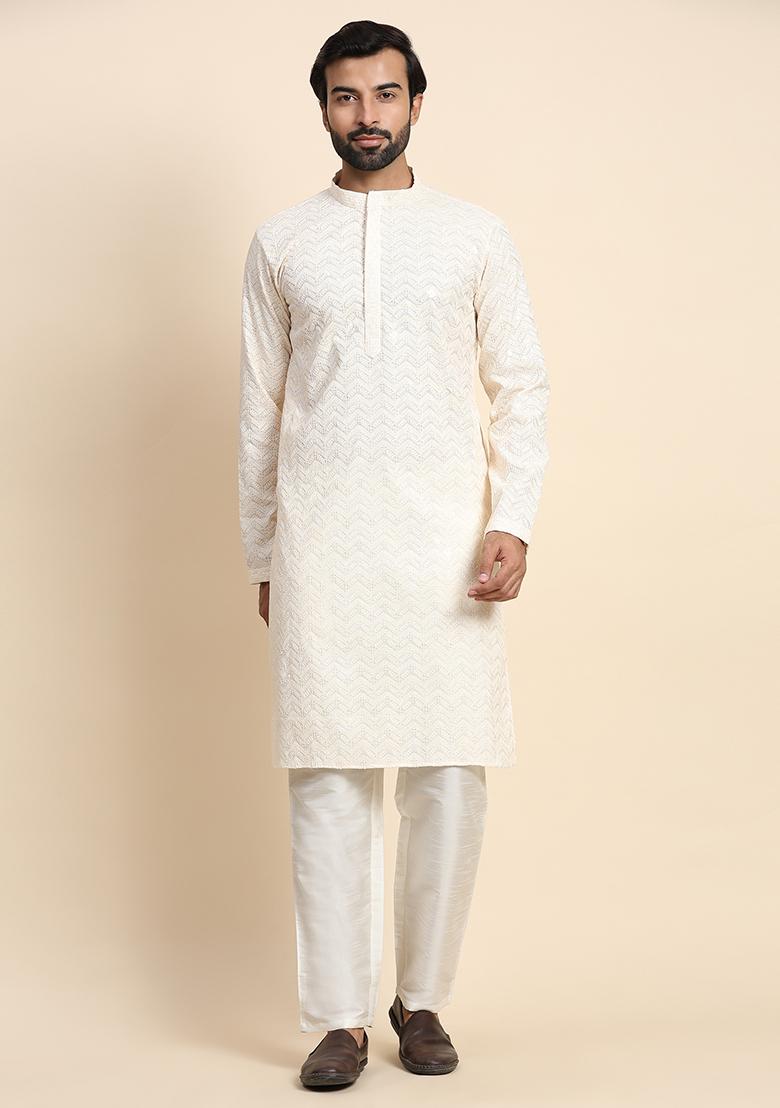 Cream Chikankari Embroidered Cotton Kurta Pyjama Set For Men